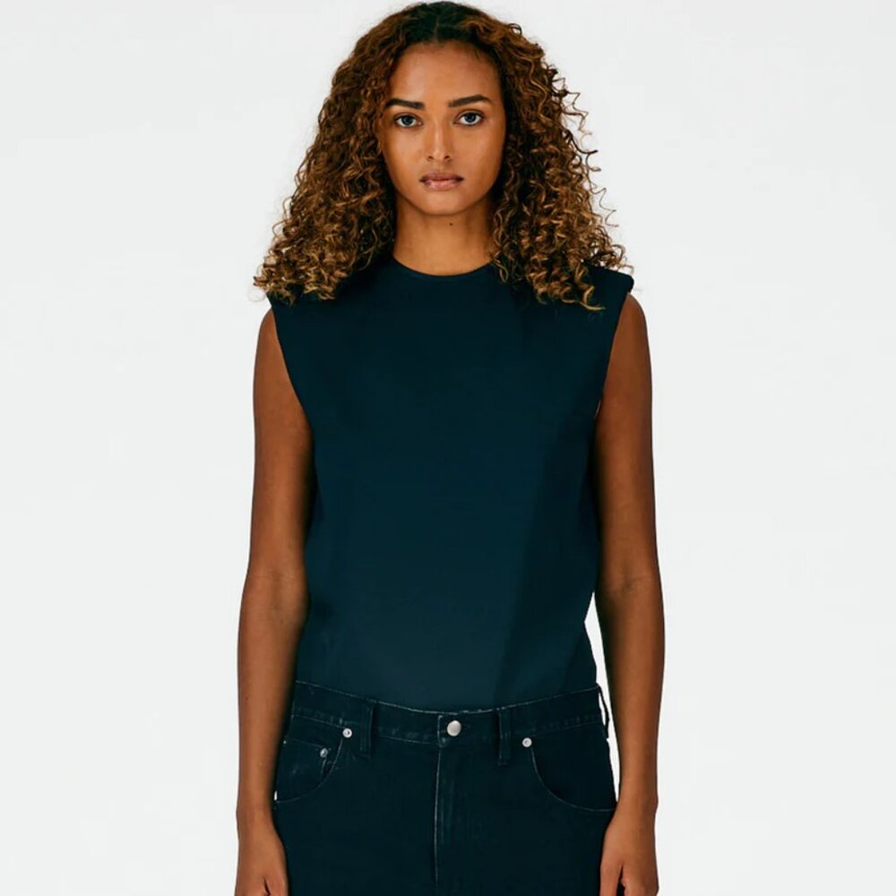Tibi Chalky Drape Padded Shoulder Sleeveless Top, black, XXS